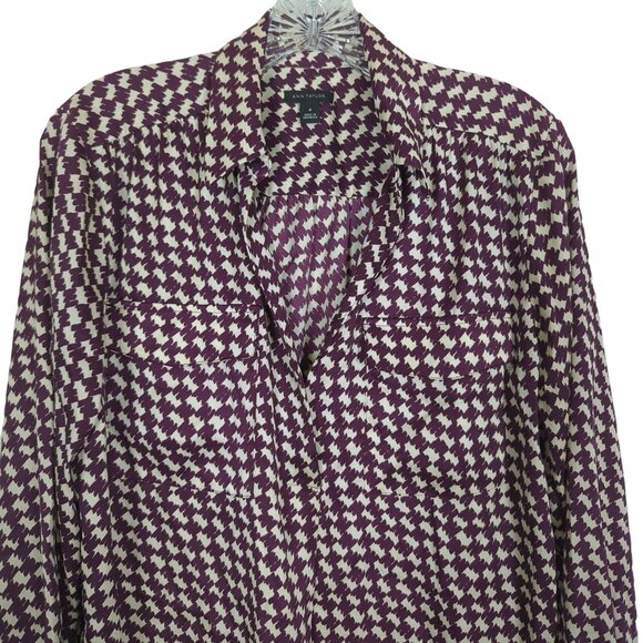 Ann Taylor Blouse Tunic Women's Sz M red white houndstooth long sleeve‎ - Picture 3 of 11